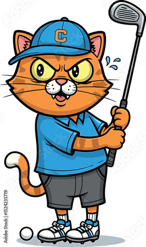 Cartoon orange cat ready to play golf with golf club and grumpy face on white background