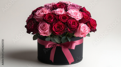 Elegant round gift box filled with red and pink roses on white background romantic floral present