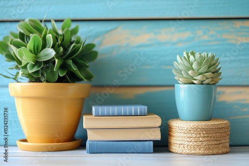 Cozy Decor with Green Plants and Colorful Books on Wooden Background