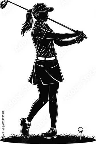 Silhouette illustration of a female golfer swinging club on the green course