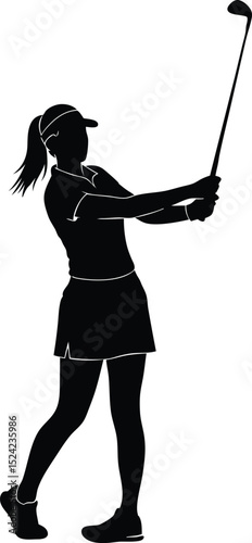 Silhouette of a female golfer swinging a golf club on a clear white background