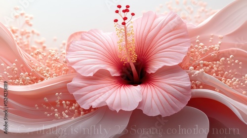 Close-up of a peach hibiscus unfurling against a soft white background.