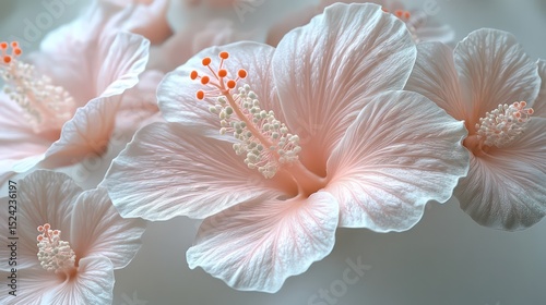 Close-up of a peach hibiscus unfurling against a soft white background.