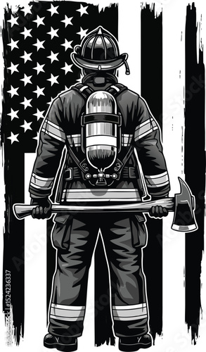 Courageous firefighter silhouette holding axe with american flag in a monochrome style