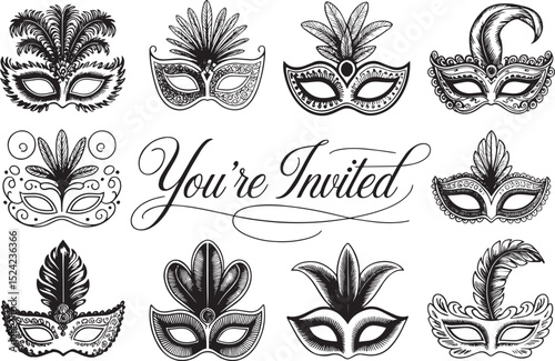 Elegant Masquerade Mask Icon Collection – Festive Sketches for Carnival & Party Design

