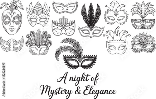 Elegant Masquerade Mask Icon Collection – Festive Sketches for Carnival & Party Design

