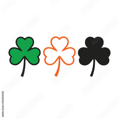 Three variations of shamrock icons green orange black