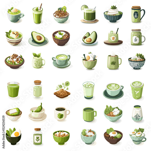 Collection of matcha-themed food and drinks including tea, latte, dessert, smoothie, and snacks. Perfect for cafe menu, health food, and green tea branding.

