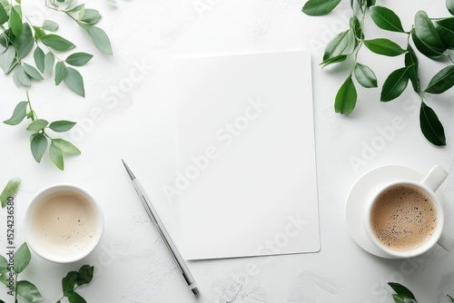Cozy Workspace with Blank Sheet and Coffee on White Background