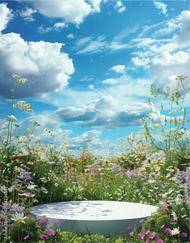 Top View Wooden Round Table with Blurry Green Tea Hills - Circular Wooden Table Surface with Bright Tea Plantation Scene - Wood Table Top Over Blurred Nature – Tea Farm and Blue Sky