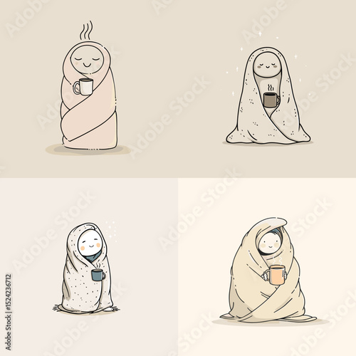 Adorable cozy character illustrations wrapped in blankets, holding warm mugs. Perfect for winter comfort, hygge lifestyle, and self-care themes.

