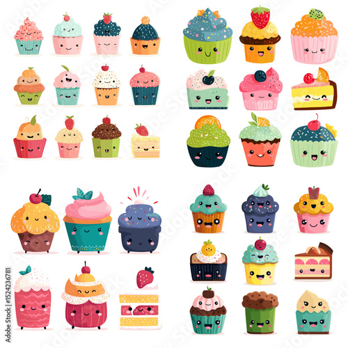 Adorable cartoon cupcake illustration set with happy faces and colorful toppings like fruit, cream, and chocolate. Great for kids, desserts, and kawaii design.

