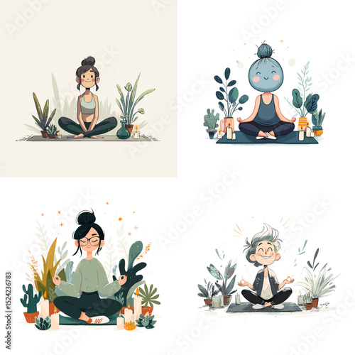 Cute character illustrations practicing yoga and meditation surrounded by plants and calming elements. Great for wellness, mental health, and mindfulness content.

