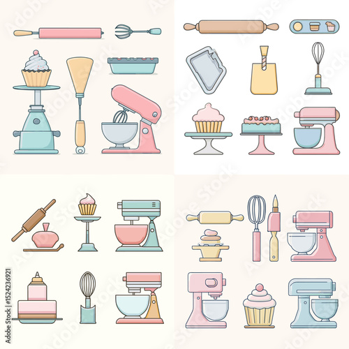 Pastel baking tools and mixer icon set including whisks, mixing bowls, rolling pins, cupcakes, and trays. Perfect for baking content, recipe books, and kitchenware branding.

