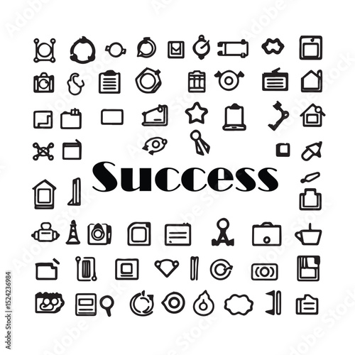 Collection of black success icons on white background