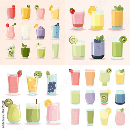 Refreshing smoothie and fruit juice illustration set with various colorful flavors including kiwi, strawberry, orange, and blueberry. Ideal for beverage branding and health visuals.

