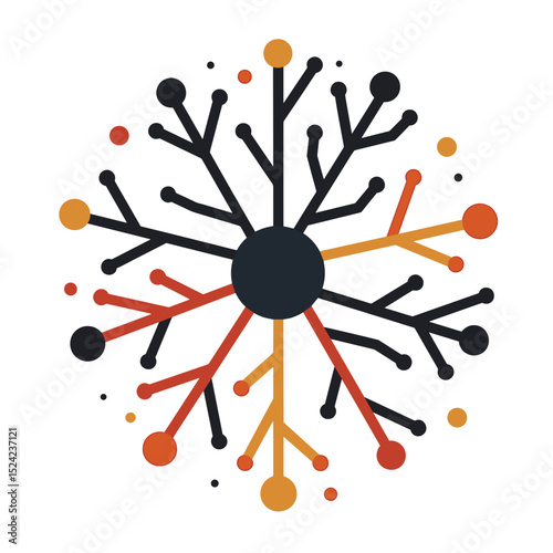 Abstract Geometric Snowflake Design with Black, Red, and Yellow Elements on White Background