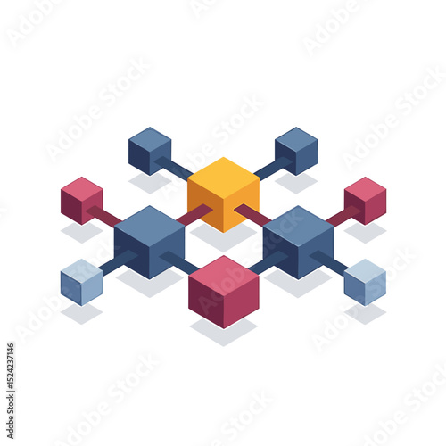 Isometric Network Connection Illustration with Cubes and Lines Representing Data Flow and Connectivity