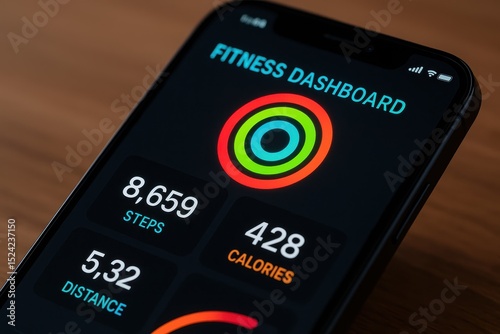 Smartphone displays a vibrant fitness dashboard with step count and calories burned