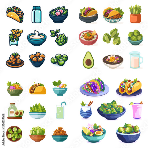 Colorful food illustrations featuring avocado dishes, tacos, guacamole, and healthy ingredients. Perfect for vegan, Mexican cuisine, or clean eating concept visuals.

