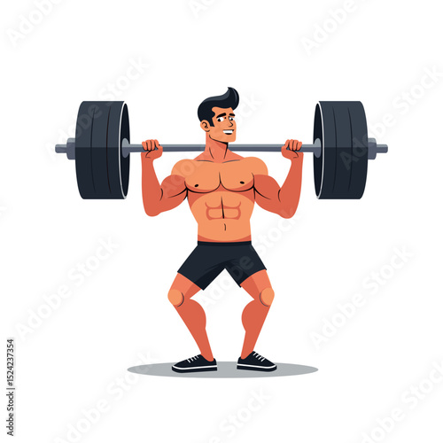 Illustration of a Muscular Man Lifting a Heavy Barbell During a Squat Exercise, Demonstrating Strength Training
