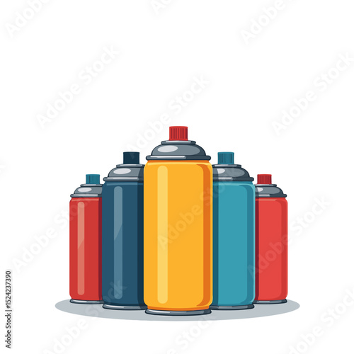 Colorful Spray Paint Cans Arranged in a Group, Vector Illustration for Graffiti Art Supplies