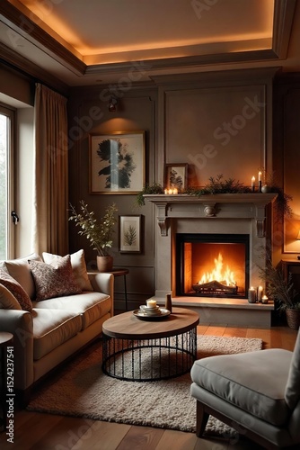 Warm, inviting living room interior with soft lighting, plush furniture, and a crackling fireplace creating a cozy atmosphere perfect for relaxation , relaxing, togetherness