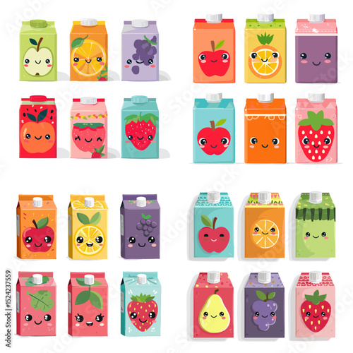 Colorful cartoon fruit juice box set with cute faces, featuring various fruits like apple, orange, strawberry, and grape in a kawaii packaging design.

