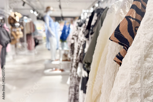 A clothing rack filled with colorful garments is prominently displayed in the foreground of a brightly lit fashion store interior