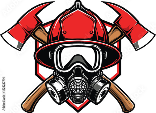 Emblem of a firefighter with crossed axes helmet gas mask and protective goggles