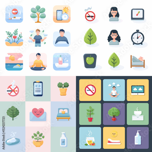 Flat icon set promoting a healthy lifestyle including no smoking, meditation, good habits, plants, and self-care. Perfect for health campaigns and wellness apps.


