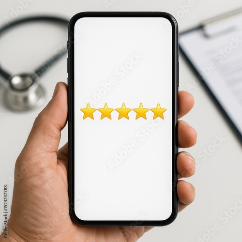 Five star review on phone held in hand with medical equipment in the background