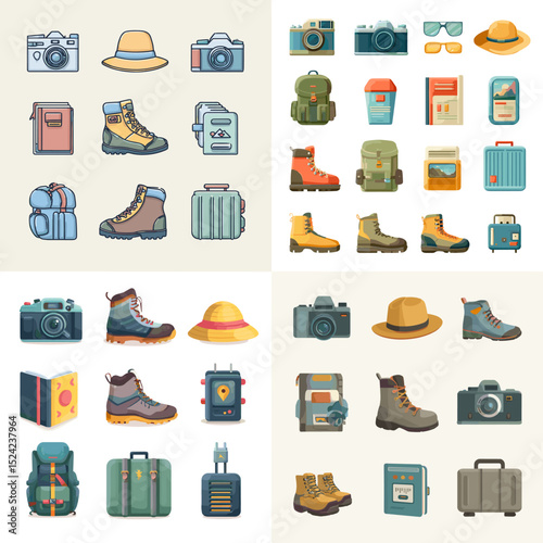 Flat illustration set of travel and hiking essentials including boots, backpacks, cameras, hats, and suitcases. Great for tourism, outdoor adventure, and camping content.

