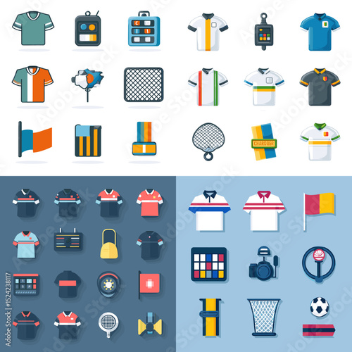 Flat icon set of referee gear, sports jerseys, whistles, flags, and scoreboards. Ideal for sports apps, UI/UX, fantasy leagues, and football event branding.

