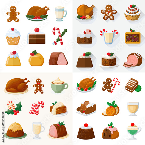 Festive illustration of Christmas food and drinks including turkey, pudding, candy cane, eggnog, and cookies. Perfect for holiday menus and seasonal decor.

