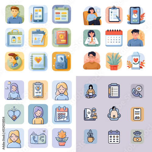Flat icon set of wellness, health, self-care, and mental health apps featuring calendar, heart, clipboard, yoga, and doctor avatars. Perfect for UI/UX and app design.

