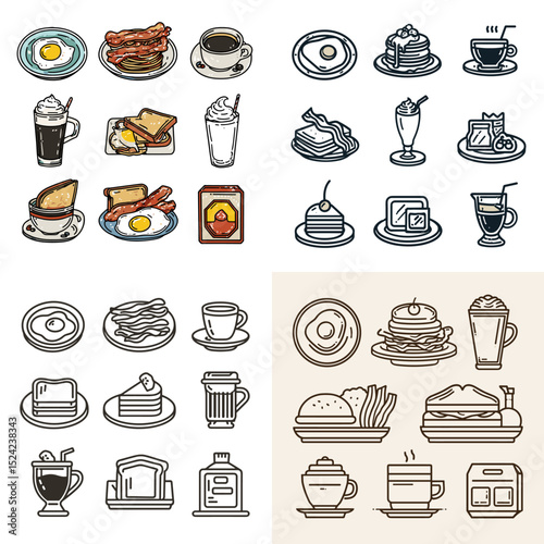 Line art and colored icons of breakfast items including toast, coffee, eggs, pancakes, and hot drinks. Ideal for menu design, morning food content, and cafes.

