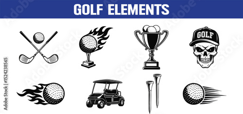 Golf elements collection black and white illustrations of balls clubs trophy skull cart and tees