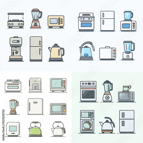 Colorful kitchen appliance icons including blenders, microwaves, ovens, kettles, and refrigerators. Ideal for home appliance catalog, UI, or food-related designs.

