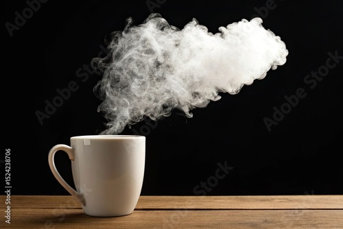 Steaming hot coffee in white mug on wood photo