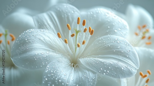 Close-up of a white lily with smooth petals glowing softly on a minimalist white background.