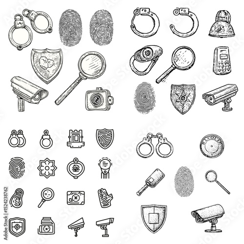 Sketch-style icons of security tools including cameras, handcuffs, magnifiers, fingerprint, badge, and shields. Ideal for law enforcement, privacy, or investigation projects.

