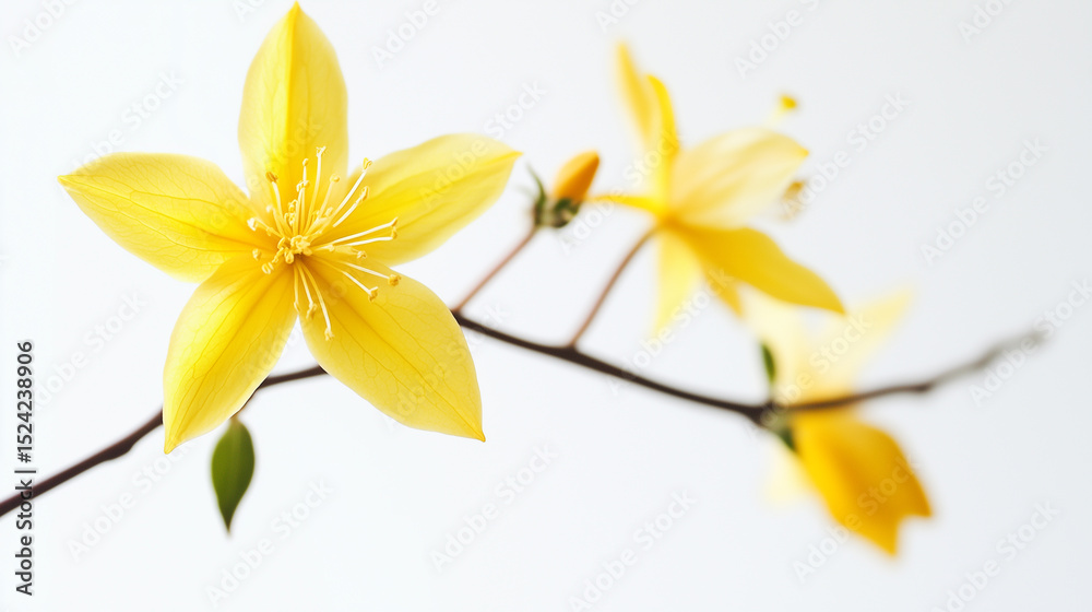 Fototapeta premium Delicate yellow flower blooms on a branch against white background.