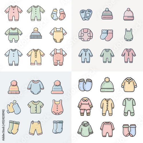 Cute pastel icon set of baby clothes including rompers, socks, beanies, and bodysuits. Perfect for newborn, parenting, fashion, or baby shower designs.

