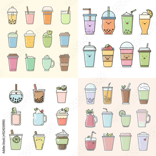 Cute and colorful cartoon drinks including bubble tea, iced beverages, smoothies, and juices with kawaii faces. Perfect for beverage branding or food illustration.

