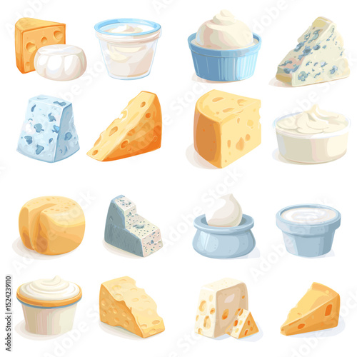 Vector set of cheese and dairy products in various styles including soft cheese, blue cheese, cream, and cottage cheese in realistic illustration style.

