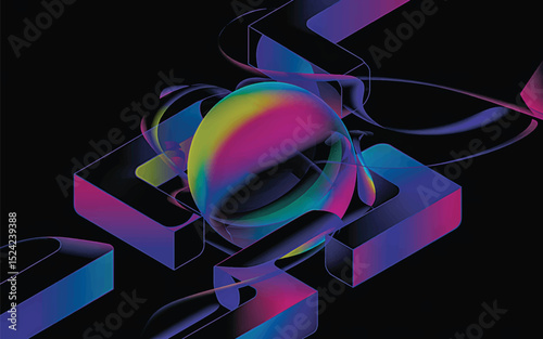 Colorful abstract vector background with glowing ribbons and circular 3D shapes in a vibrant light pattern