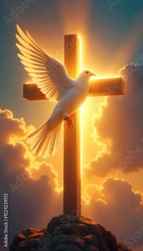 A symbolic depiction of Christian salvation; a dove descending upon a cross, bathed in golden light, representing peace, hope, and spiritual renewal , resurrection, worship, faith