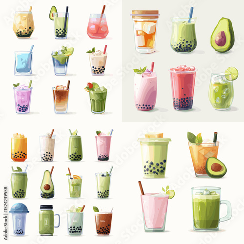 Colorful bubble tea and smoothie drinks set in various glasses with tapioca pearls, avocado, fruit toppings, and refreshing styles, perfect for cafe or beverage design.

