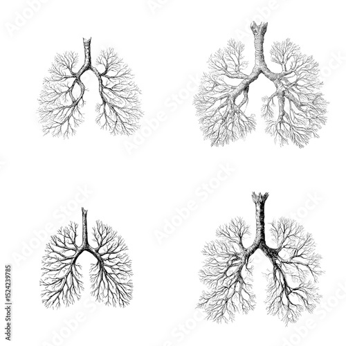 Highly detailed hand-drawn anatomical illustrations of human lungs with bronchi. Ideal for medical, biology, or educational visual content.

